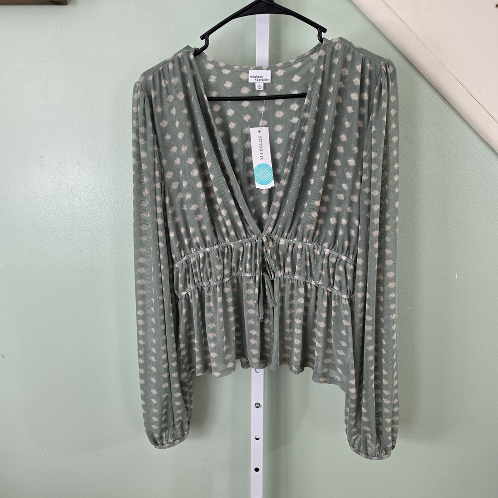 Madison‎ & Berkeley Women's Ren Smocked Waist Mesh Knit Top Light Green Large